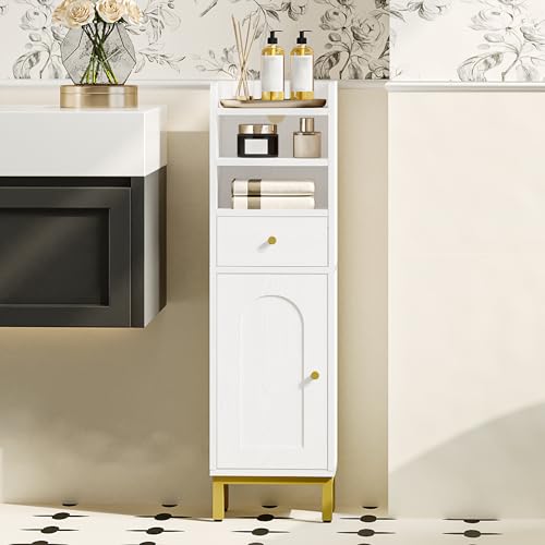 Hzuaneri Badezimmerschrank, Badschrank, Toilettenschrank mit Türen, Badschrank mit kleinen Schubladen, Schmales Badregal, Verstellbare Ablagen, für kleine Räume, Weiß BC29813G