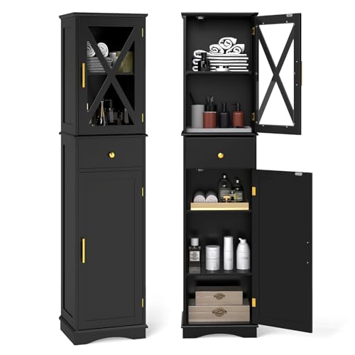 COSTWAY Badezimmerschrank schmal, Hochschrank mit verstellbaren Einlegeböden, Schublade, 2 Türen, Badschrank hoch, Aufbewahrungsschrank für Badezimmer, Wohnzimmer (Schwarz)