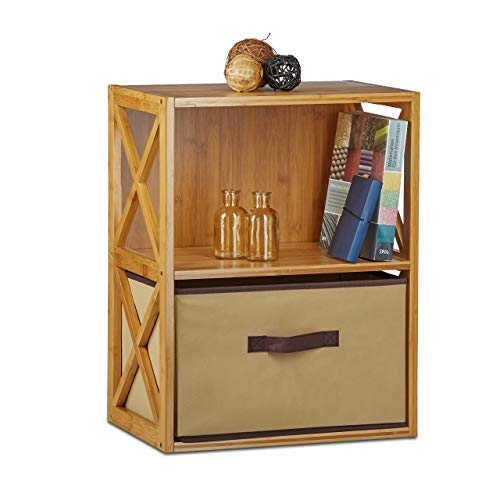 1 x Regal Bambus mit Korb, 2 Ablagen, Holz Standregal, Badregal, Faltbox, H x B x T: 54 x 42 x 29 cm, Natur braun