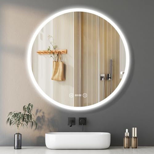 YOLEO Badezimmerspiegel mit Beleuchtung rund, Badespiegel LED mit Uhr und Temperatur, Wandspiegel mit Touchschalter und Explosionsgeschütztes Glas, 3 einstellbare Lichtfarbe, 60x60cm