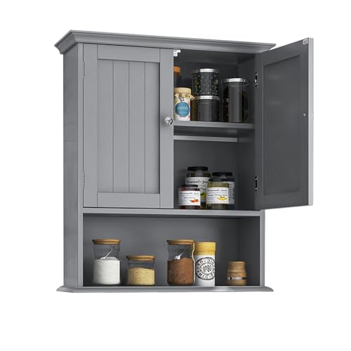 LIFEZEAL Badezimmerschrank aus Holz, Wandschrank mit Verstellbarem Regal & 2 Türen, Hängeschrank Bad 60 x 19 x 71 cm, WC Schrank Hängend, Küchenschrank (Grau)