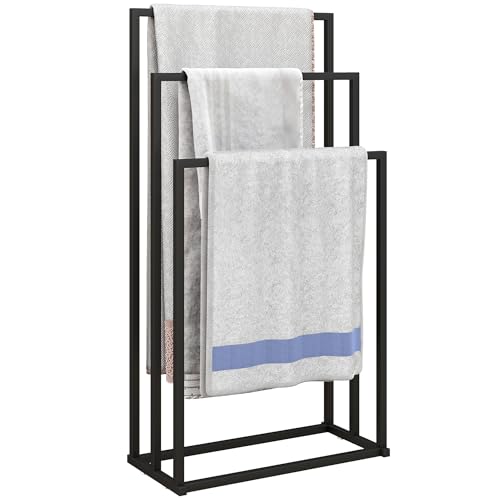HOMCOM Handtuchhalter Stehend Handtuchständer mit 3 Stangen, Handtuchleiter aus Stahl, Badetuchhalter für Badezimmer, Handtücher, Badetücher 45 x 21,5 x 85 cm