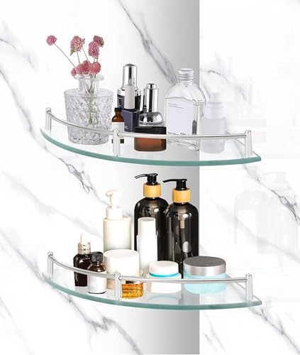 2-Pack Glas-Eck-Duschregale, Glas-Eck-Regal für Badezimmer, Wandmontage-Badregale, SUS 304 Edelstahl gehärtetes Glasregal mit Schiene, für Badezimmer und Toilette