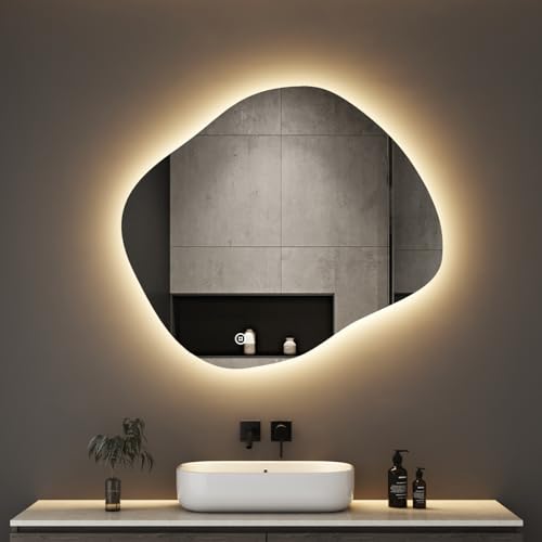 Boromal Asymmetrischer Spiegel mit LED Beleuchtung, Asymmetrischer Spiegel Badspiegel mit Beleuchtung 84x74cm Badezimmerspiegel mit Touch-Schalter, Dimmbar, 3 Lichtfarbe Einstellbare