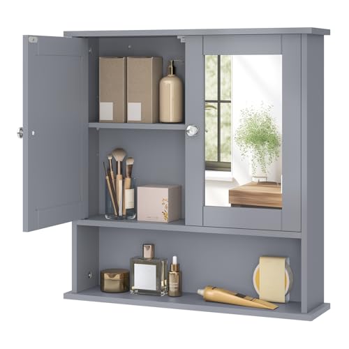 EUGAD Spiegelschrank für Badzimmer Gästetoilette Wohnung Hotel, Badschrank hängend, mit 3 Ablagen, mit magnetischer Tür, aus MDF, 56 x 58 x 13 cm, Grau