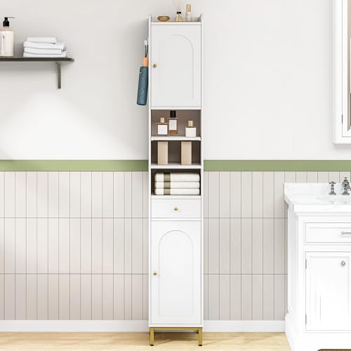 Hzuaneri Badezimmerschrank, Badschrank Hochschrank, Hoher Badezimmer mit 2 Türen und Schublade, Offene Fach, Badschrank mit Verstellbarem Regal Für Wohnzimmer, Arbeitszimmer, Weiß BC29013G