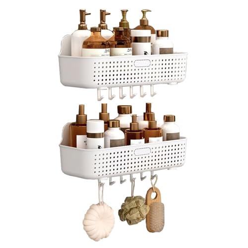 Wandmontiertes Badezimmerregal Hängendes Duschregal, 2er-Pack, Kunststoff-Duschaufbewahr ungskorb, selbstklebender Dusch-Organizer ohne Bohren mit 6 Haken for Badezimmer, Küche, Balkon Badregal(Weiß)