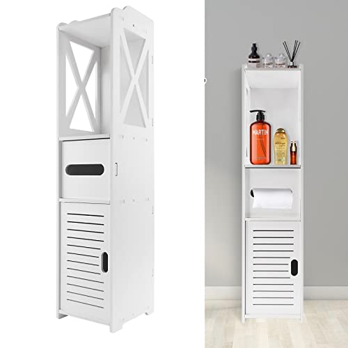 Rigogo 4-Tier Badschrank Aufbewahrungsschrank, Kleines Badezimmerschrank aus Holz, Schlankes Badregal Aufbewahrungseinheit Boden Schrank für Badezimmer, 80x20x18cm