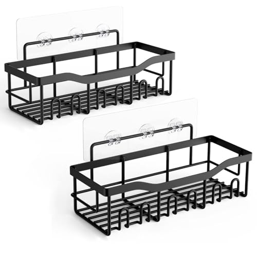 2er Set Duschablagen Ohne Bohren | Duschregal Badablage mit 12 Haken | Selbstklebend Badezimmer Organizer Duschkörbe für Shampoo, Duschgel | Kohlenstoffstahl Regal für Bad, Dusche und Küche