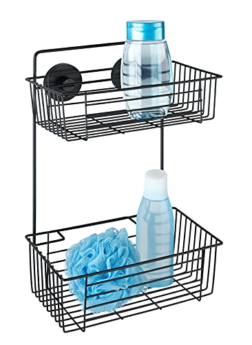 WENKO Vacuum-Loc Wandregal 2 Etagen Bari Schwarz, Wandablage, Befestigen ohne bohren, Duschablage mit Vakuum-Befestigung, Badezimmer-Regal, Stahl schwarz lackiert, Loft-Style, 26 x 38 x 17 cm