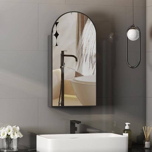 Mepplzian schwarz Bogen, hängender Badschrank DREI Glas Einlegeböden, Badezimmerschrank Spiegel für, Wandmontierter, 40x12x80 cm