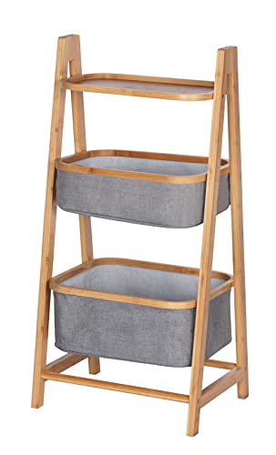 WENKO Haushaltsregal Mod. Bahari, Regal aus nachwachsendem Bambus mit 2 großen offenen Körben aus 100% grauem Polyester und Einer Ablage für zusätzlichen Stauraum, 44 x 91 x 34 cm, Natur/Grau