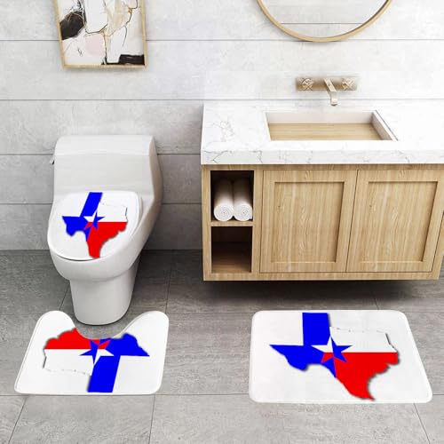 EMCLKS Badezimmermatten 3 Stück rutschfeste Badematte Teppiche, Badezimmer-Garnitur,U-fö rmiger Teppich,Texas Star, Texas Karte Umriss amerikanischen Südwesten Austin Houston Stadt,Waschbar Matte