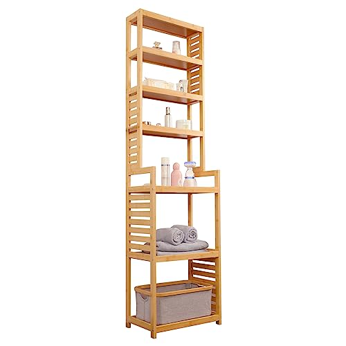 WAOHO Badregal Bambus Standregal,7Ablagefächer ,Bambusregal Badregal? Badezimmer,Ablageflächen ?Geeignet für Küchen, Bäder, Flure usw,165 x 42 x 28 cm