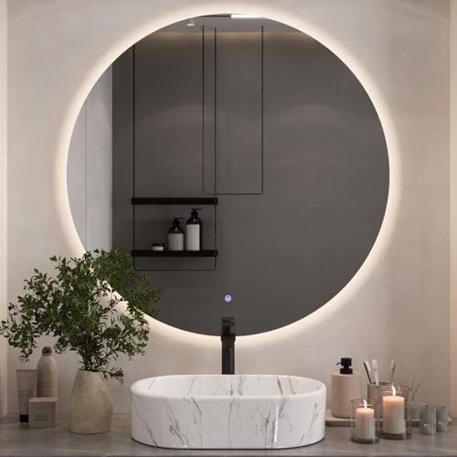 Planetmöbel NOVA Badspiegel mit Beleuchtung rund 100x100 Badezimmerspiegel Spiegel mit licht dimmbar Touchschalter, 2 Lichtstufen, Spiegel ohne Rahmen