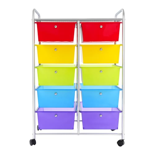 C-Juzarl Rollwagen Badrollwagen mit 10 Schubladen, Küchenwagen mit Rädern mit Tischplatte, Rollcontainer Schubladenwagen für Küche, Wohnzimmer, Schlafzimmer (Bunt)