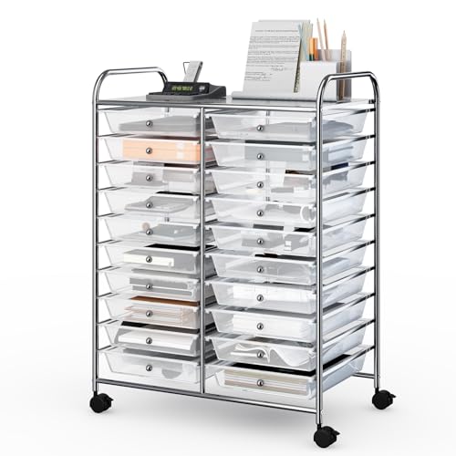 GIANTEX Rollwagen mit 20 Schubladen stapelbar, Schubladenwagen Badrollwagen Küchenwagen mit feststellbaren Rollen, Aufbewahrungswagen Haushaltswagen für Küche Bad Büro 64x39x88 cm (Transparent)