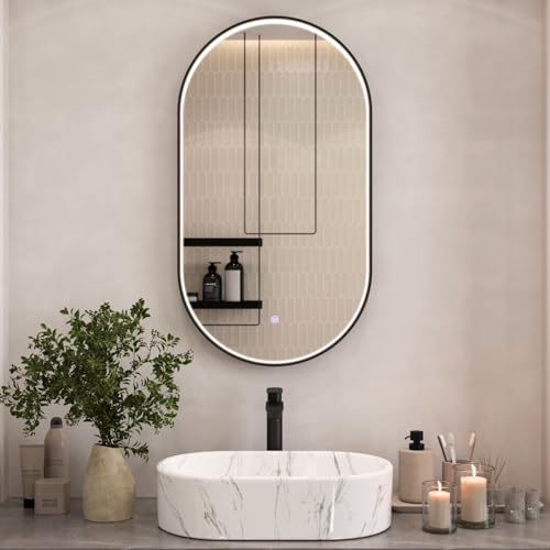 Planetmöbel GLORA Badspiegel mit Beleuchtung 50 x 90 cm, Spiegel mit Rahmen, 3 Lichtstufen (3000-6000k), mit Touchschalter, dekorativer Wandspiegel groß, für Badezimmer, Flur oder Garderobe, oval