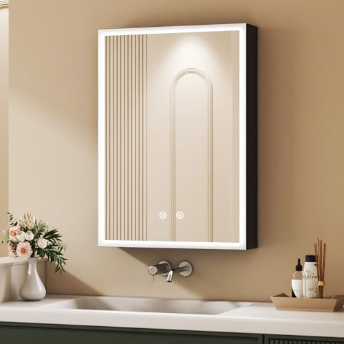 HY-RWML Spiegelschrank,Badezimmer schrank mit LED Beleuchtung 40 x 60 x 12,5 cm Badezimmer Spiegelschrank mit Verstellbaren Ablagen und Berührung Sensorschalter,3 Farbtemperatur Dimmbare,Beschlagfrei