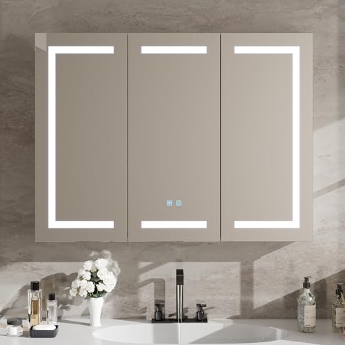 Badezimmer spiegelschrank mit Beleuchtung 120 x 40 x 90 cm Spiegelschrank Bad mit LED und Steckdose 120 cm Breit Doppeltür Badschrank mit Spiegel und Ablage,Hängeschrank,Ber� �hrung Sensorschalter,Weiß