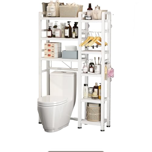 GAMAK Toiletten Regal Weiß Teleskop, Badregal Stehend Hoch, Verstellbar Waschmaschinenregal, Badezimmerregal mit 3 Ablageflächen Platzsparend Leicht Zu Montieren