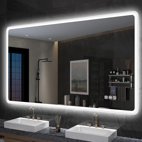 S'bagno Badspiegel Mit Beleuchtung 1200x700mm, Bluetooth-Badezimmerspieg el Mit Entfoggen, 3 Farbtemperaturen, Speicherfunktion, Horizontal/Vertikal