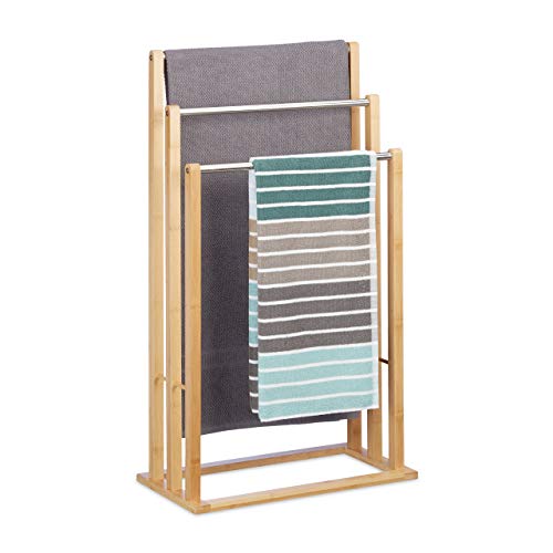 Relaxdays Handtuchhalter stehend mit 3 Handtuchstangen, Handtuchständer 3-armig für Bad, Bambus, HBT: natur, 26 x 48 x 84 cm