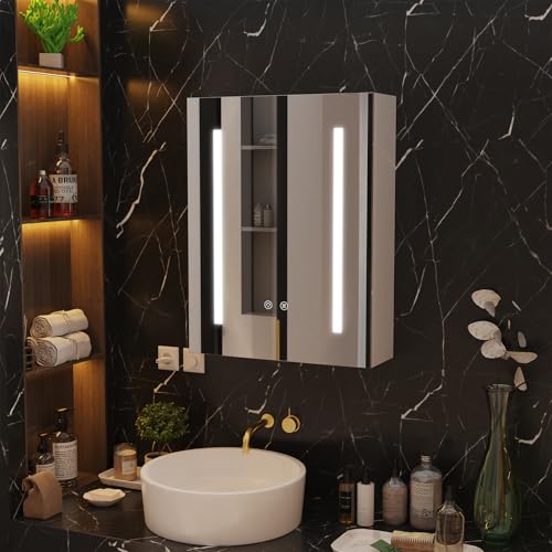 PIPIPOXER Badezimmer Spiegelschrank mit Beleuchtung und Defog, Speicher Regale, Beleuchtetes Badezimme Bad 45x60x15cm Badschrank mit Spiegel, Hängeschrank, Badspiegel, 3 Farbtemperatur dimmbare, Weiß