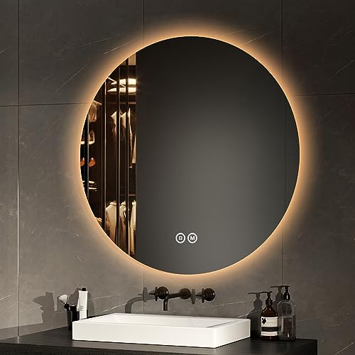 EMKE LED Badspiegel Rund 80cm Durchmesser Badezimmerspiegel mit Beleuchtung mit 3 Lichtfarbe dimmbar Badezimmerspiegel mit Speicherfunktion und Touchschalter IP44 Energiesparend