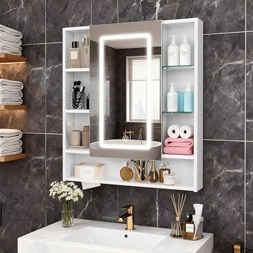 YU YUSING Spiegelschrank Bad mit LED Beleuchtung 72x80x13cm, Badezimmerschrank mit 9 Ablage 1 Türen, Badschrank mit Spiegel, 3 Farbtemperatur Dimmbare, Badspiegel Badezimmer, Hängeschrank, Weiß