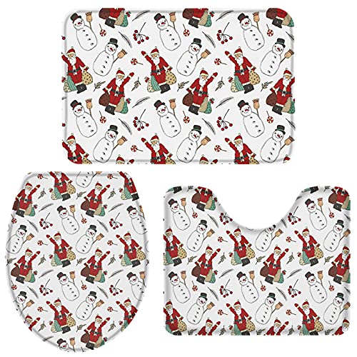 Badteppich Set 3-Teilig Weihnachten, Weihnachtsmann, Und, Schneemann Badezimmer Vorleger 3-Teiliges Atmungsaktivem Badezimmer-Garnitur rutschfeste Badvorleger Für Dusche Schlafzimmer