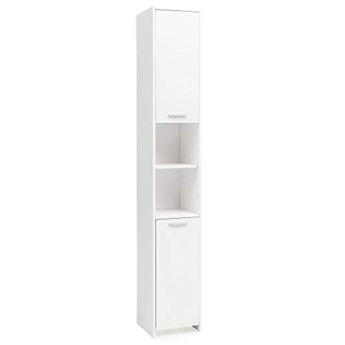 Wohnling Badschrank WL5.751 Modern Holz 190 x 30 x 30 cm Weiß | Badezimmerschrank mit 2 Türen | Beistellschrank Mehrzweckschrank | Badschrank Schmal | Badezimmer Standregal Hoch