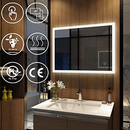 Meykoers Wandspiegel Badezimmerspiegel LED Badspiegel mit Beleuchtung 80x60cm mit Touch-Schalter und Beschlagfrei, Lichtspiegel Kaltweiß 6400K